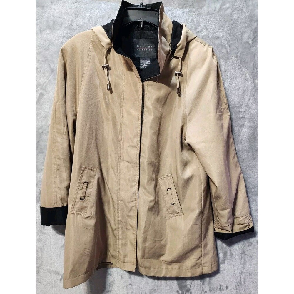Tally Ho Outerwear Raincoat Barn Jacket Womens S Tan Hooded Blk Removable Liner